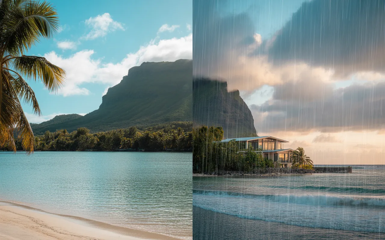 Photorealistic 16:9 vignette of Mauritius in split mood: on the left, turquoise lagoon and sunny white sand beach with palm trees and Le Morne mountain in the distance, on the right, cyclone sky with light rain, wind in the palm trees and rougher sea, with a terrace or discreet modern Creole house — EXPAT MAURITIUS.