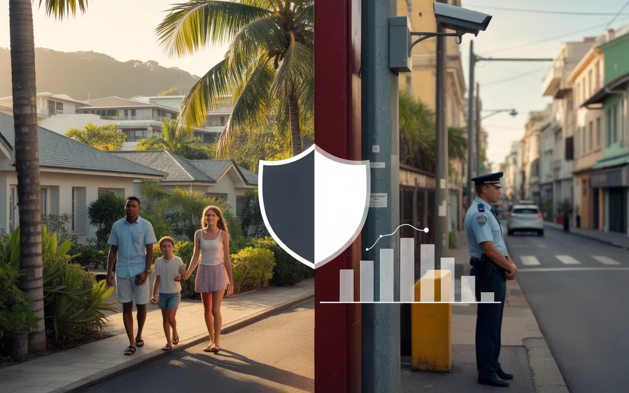 Photorealistic security vignette for expats in Mauritius, golden hour diptych: family walking in a tropical residential area and a street in Port Louis with a discreet police officer, surveillance camera, semi-transparent shield/padlock and abstract statistical pictograms, reassuring atmosphere – EXPAT MAURITIUS
