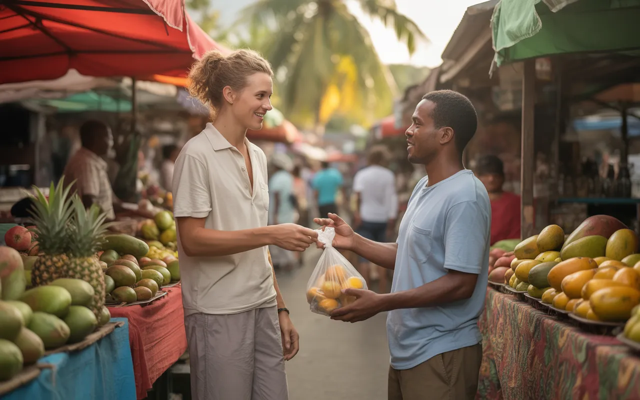 EXPAT MAURITIUS: New arrival exchanges in French with a Mauritian woman in a local market in Mauritius, stalls of exotic fruits and warm tropical atmosphere.