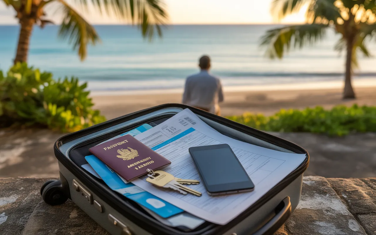 Photorealistic vignette 16:9: open suitcase with passport, blurred tickets, administrative forms, bank card, keys and smartphone, warning pictogram, Mauritius beach in bokeh with turquoise lagoon and palm trees at sunset — EXPAT MAURITIUS expatriation mistakes.