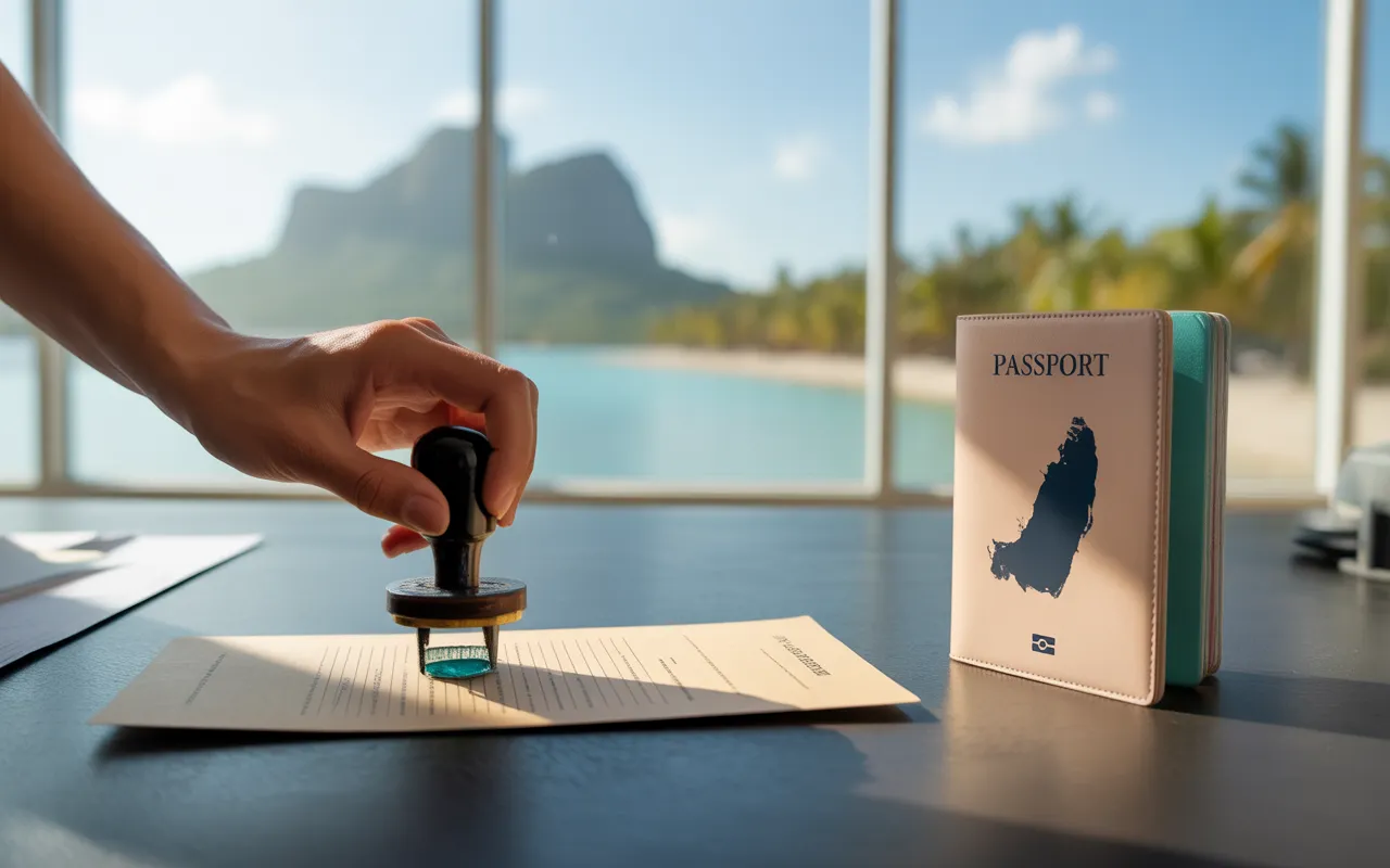 Bright modern office with hands stamping a blank document, open passport and map of Mauritius, turquoise lagoon and blurred palm trees in the background — EXPAT MAURITIUS residence permit guide.