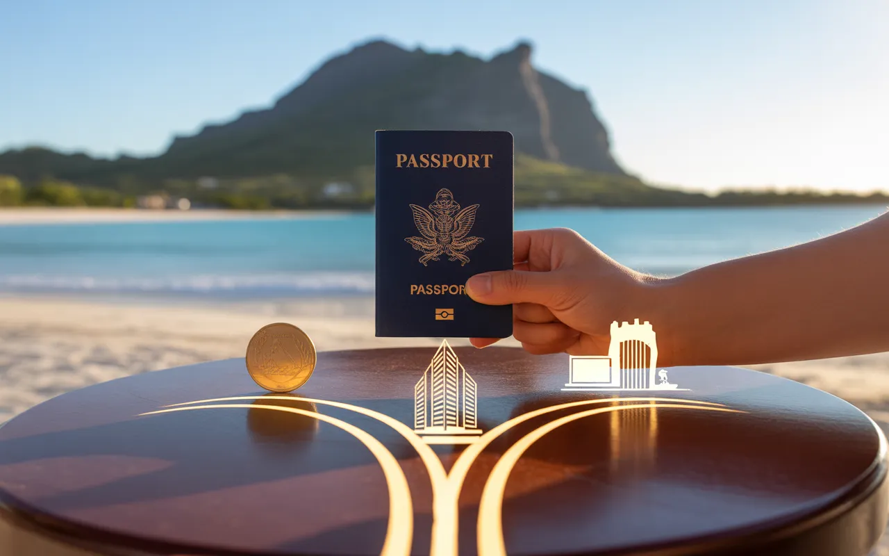 EXPAT MAURITIUS: Hands holding a passport and administrative documents, with three visual options (investor, professional, independent) against the backdrop of the lagoon and mountains of Mauritius at sunset.
