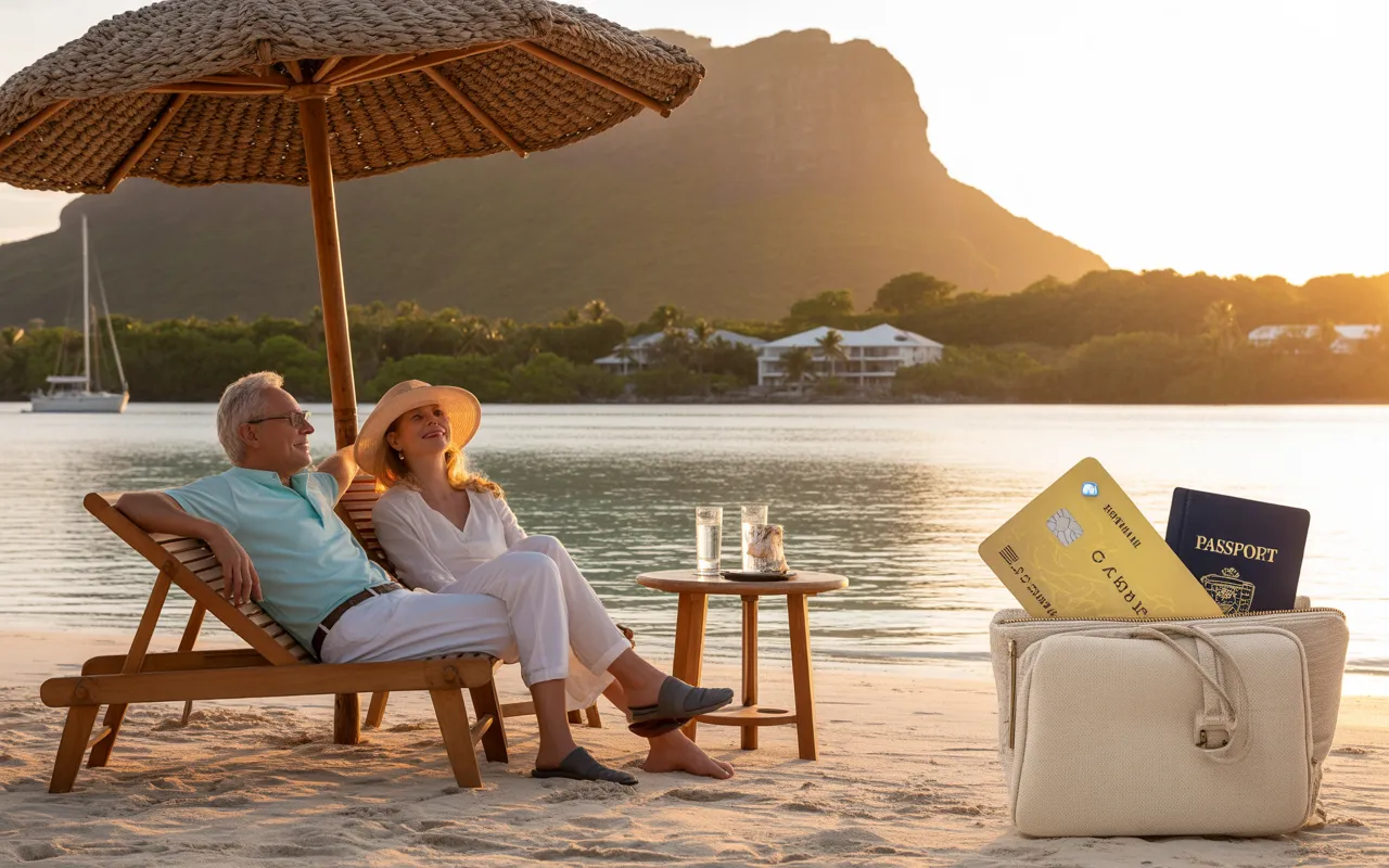 Retired couple in Mauritius at sunset, sitting on sun loungers under a thatched parasol facing the turquoise lagoon, white sand beach, palm trees, sailboats and villas in the distance – EXPAT MAURITIUS
