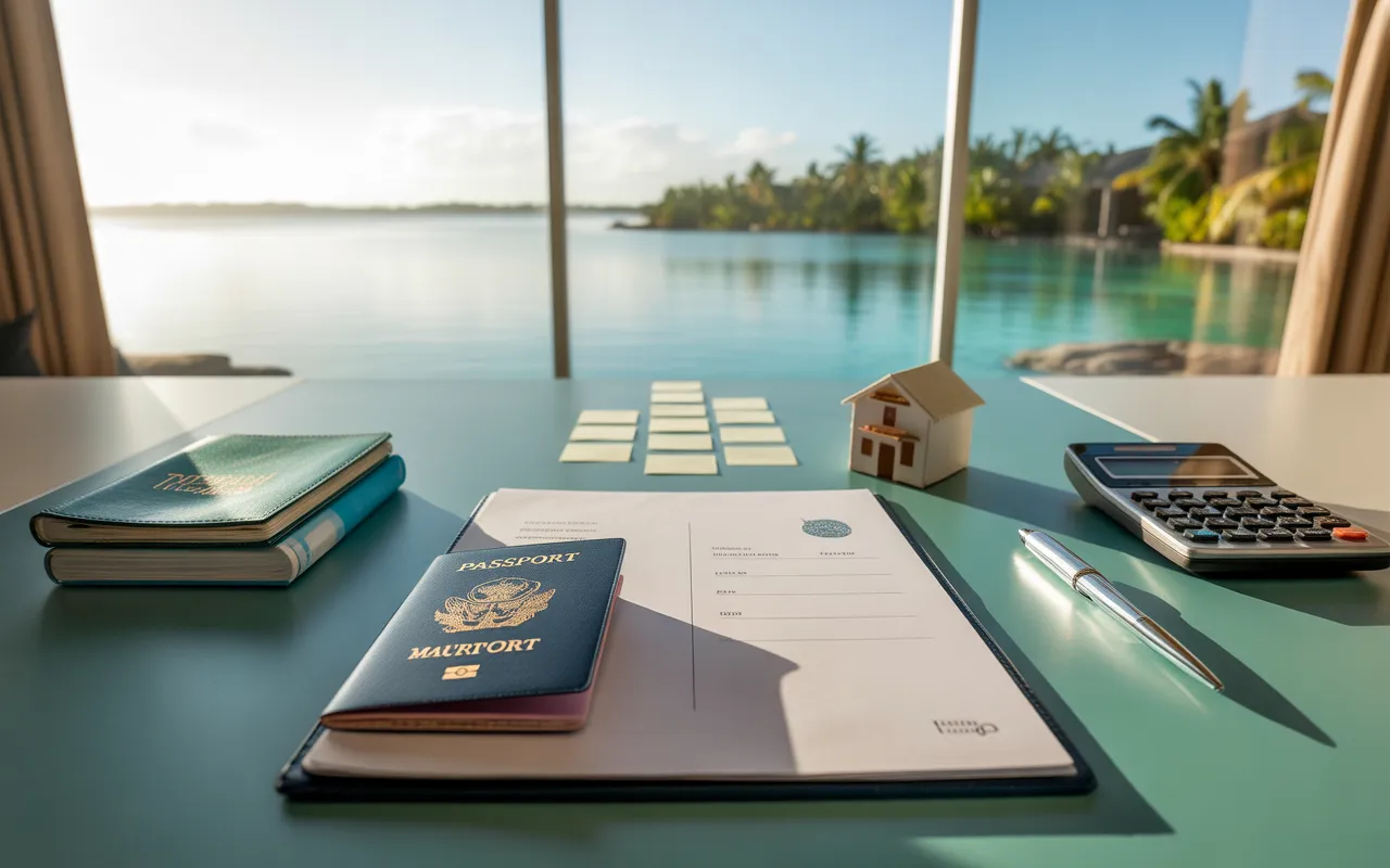 Modern minimalist office facing a bay window overlooking a turquoise lagoon and white sand beach in Mauritius, open passport, administrative documents, immigration stamp, computer with graphs, calculator and house model – EXPAT MAURITIUS expatriation and tax residence.