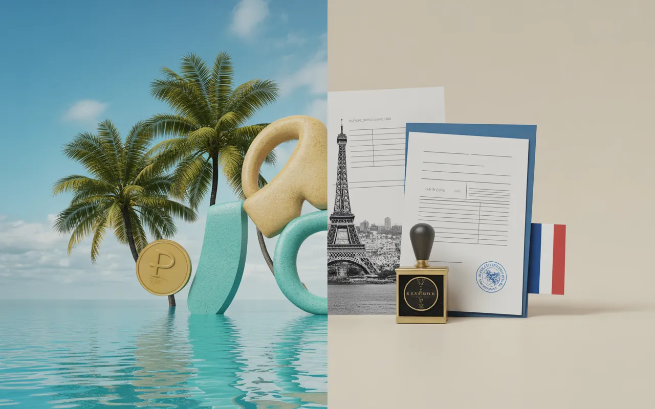 Premium split-screen editorial vignette comparing Mauritius vs. France taxation for expatriates, with a tropical and Parisian urban setting, gold coins, blank documents, and a minimalist central scale — EXPAT MAURITIUS