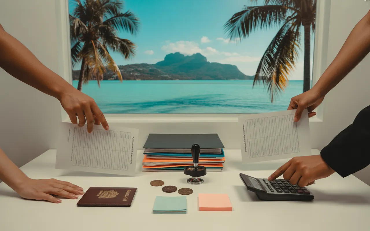 EXPAT MAURITIUS: Modern startup office with hands stamping and signing administrative documents, passport, calculator, clock, files and parts, view of turquoise lagoon and Le Morne in Mauritius (business creation, steps, costs, deadlines, errors).