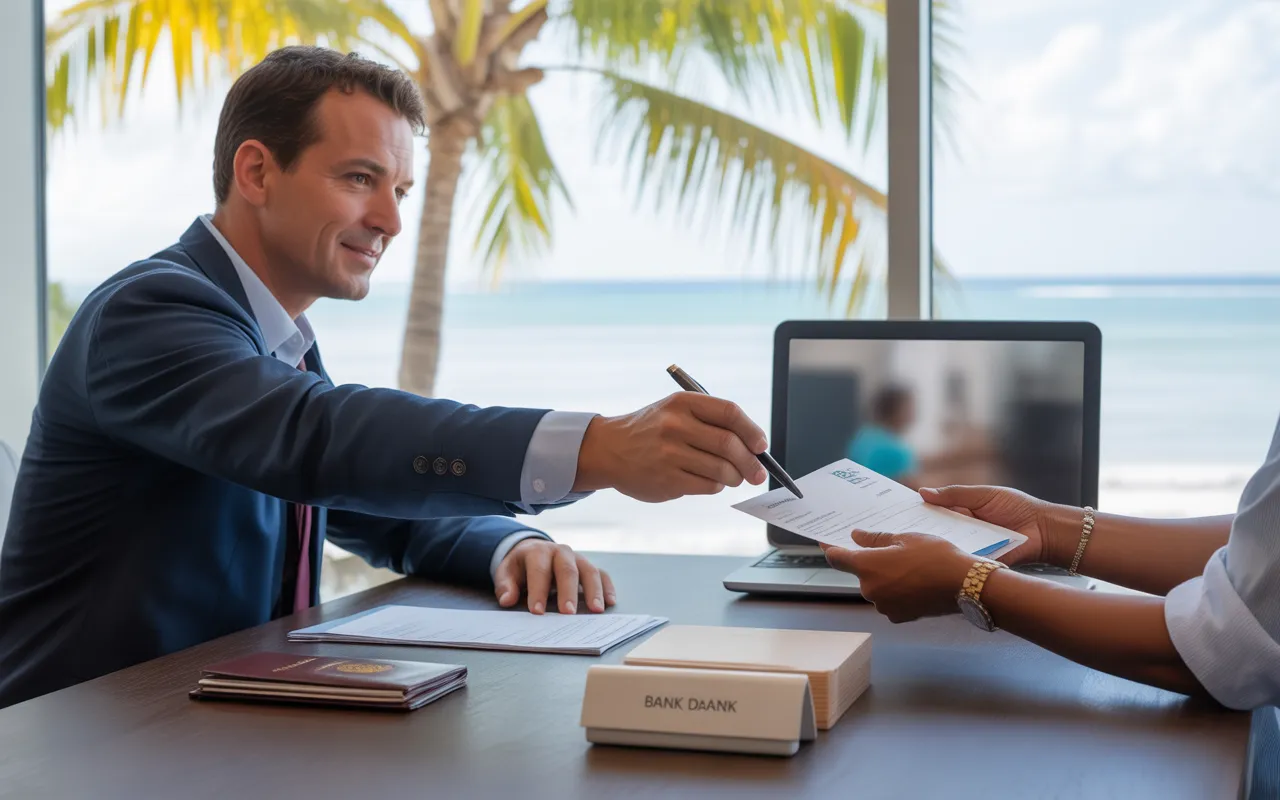 Realistic 16:9 photo vignette of a MAURITIUS EXPAT opening a bank account in Mauritius: expatriate and advisor in a bright modern office, signing a form, passport and documents on the desk, palm trees and blurred ocean in the background.
