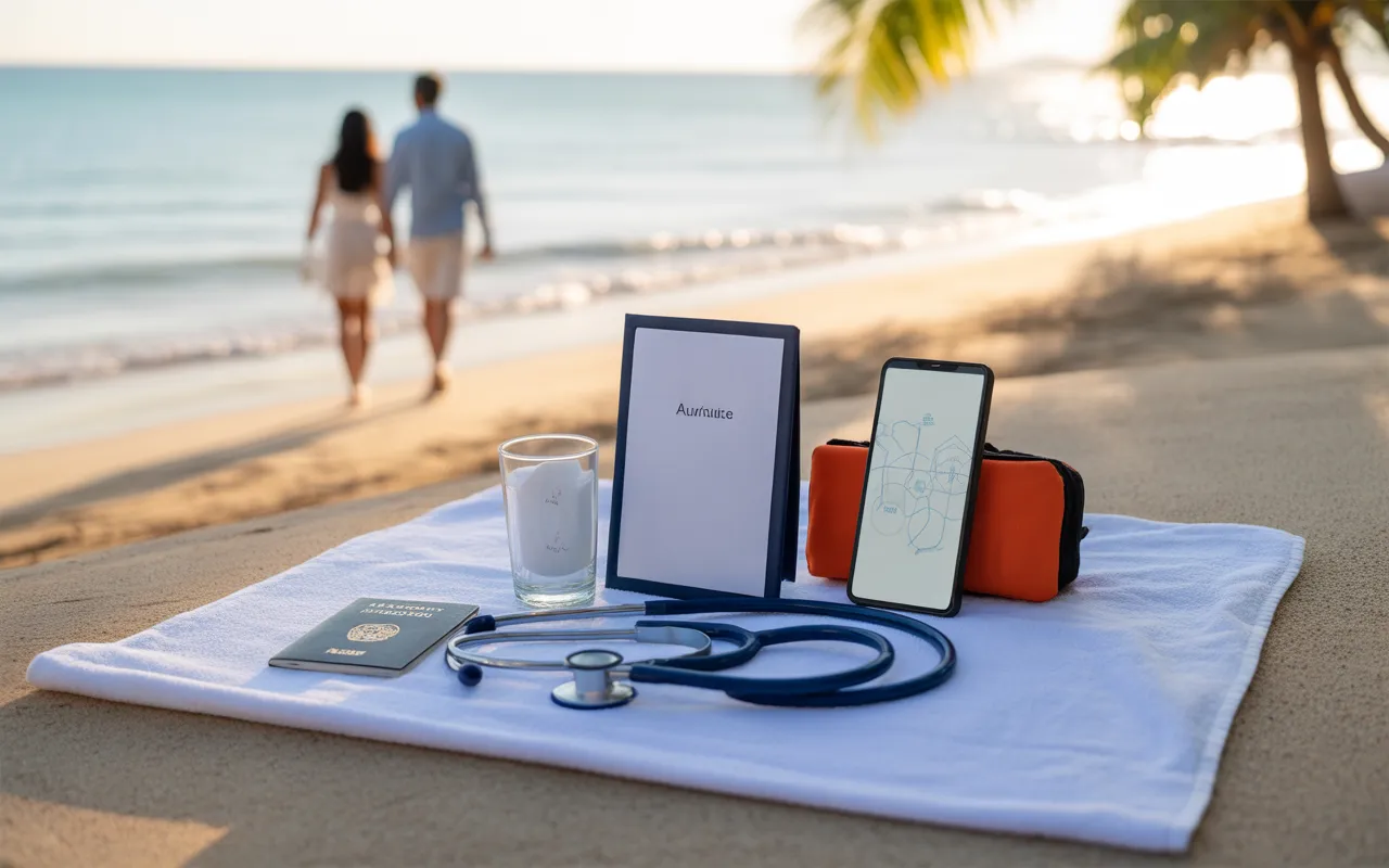 Photorealistic EXPAT MAURITIUS vignette: flat lay premium on white sand beach in Mauritius with passport without text, blank insurance card, stethoscope, first aid kit, abstract health smartphone, glasses and water bottle, turquoise lagoon and palm trees in bokeh, blurred expat couple at the water's edge at golden hour.