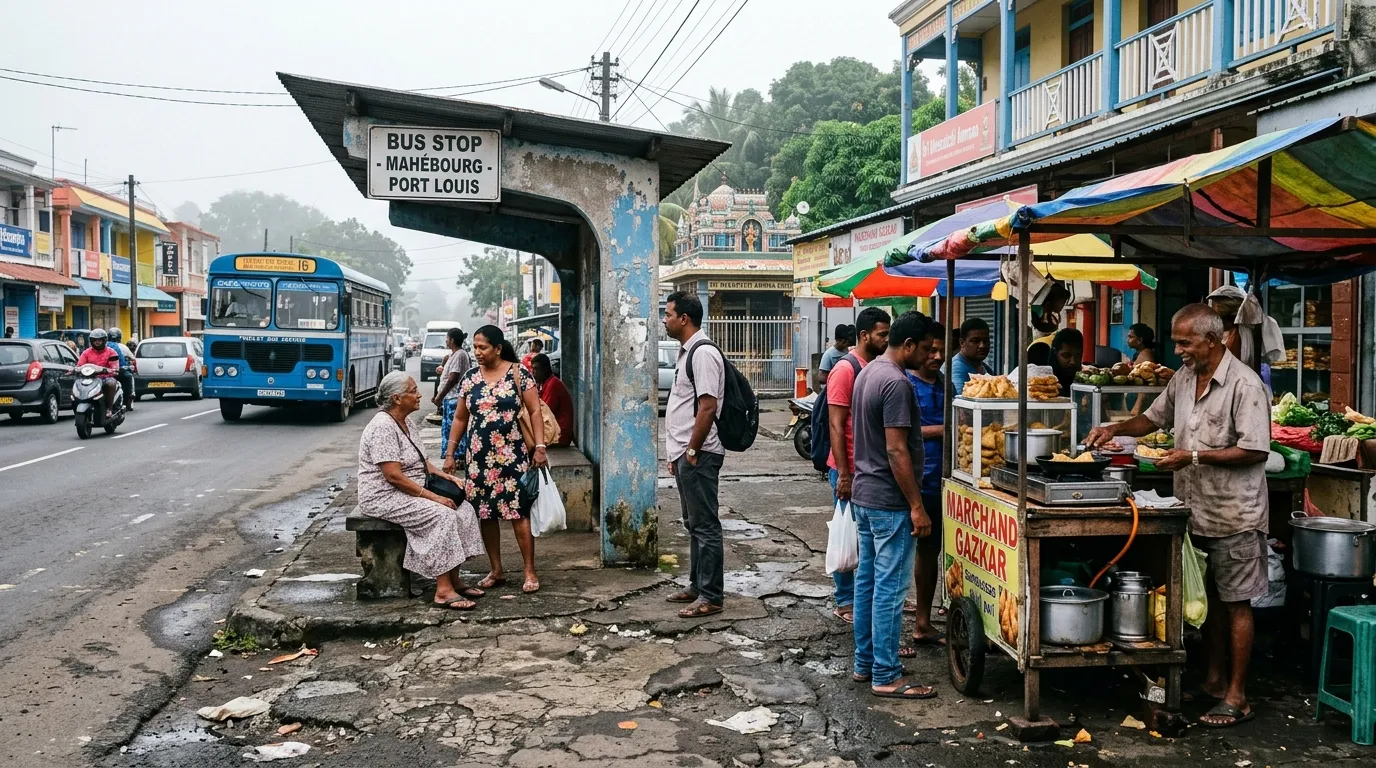 Living in Mauritius on a daily basis, what no one tells you: early morning bus stop in Mauritius, locals waiting, street vendor, humid air and worn sidewalk.