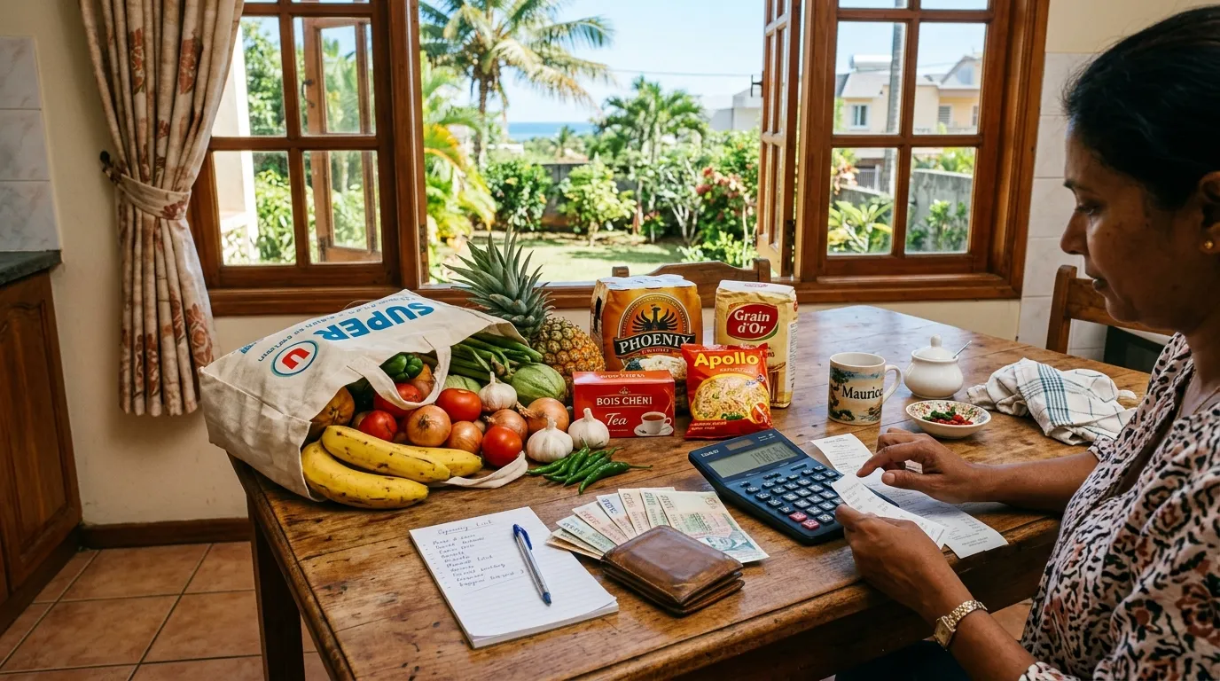 Table de cuisine à l’île Maurice avec courses, calculatrice et billets sous une lumière tropicale, illustrant le Coût de la vie à l'île Maurice en 2026 budget mensuel réaliste.