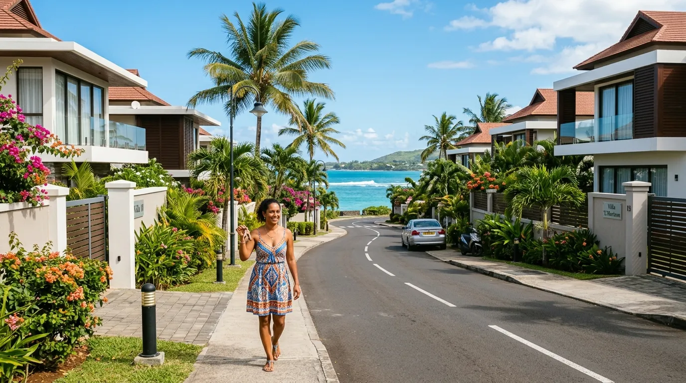 Sunny street in a coastal neighborhood in Mauritius with modern villas, palm trees, and someone holding keys – Long-term rentals in Mauritius, neighborhood prices, tips