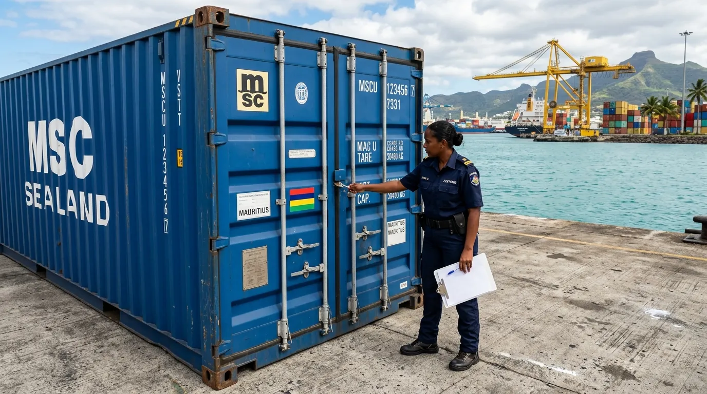 Déménager à l'île Maurice container formalités douanières checklist : container au port de Maurice avec clipboard checklist vierge, agent des douanes en inspection.