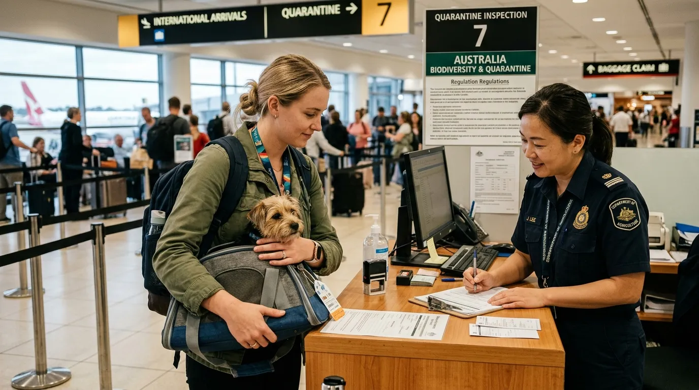 Voyageur tenant un chien dans une caisse de transport à un guichet de contrôle de quarantaine à l’aéroport, photo réaliste — Amener son animal de compagnie à l'île Maurice règles quarantaine démarches