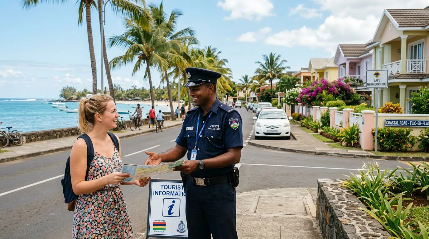 Safety in Mauritius, safe neighborhoods, real risks, advice: coastal street during the day in Mauritius, smiling policeman advising a tourist near a quiet and safe neighborhood.