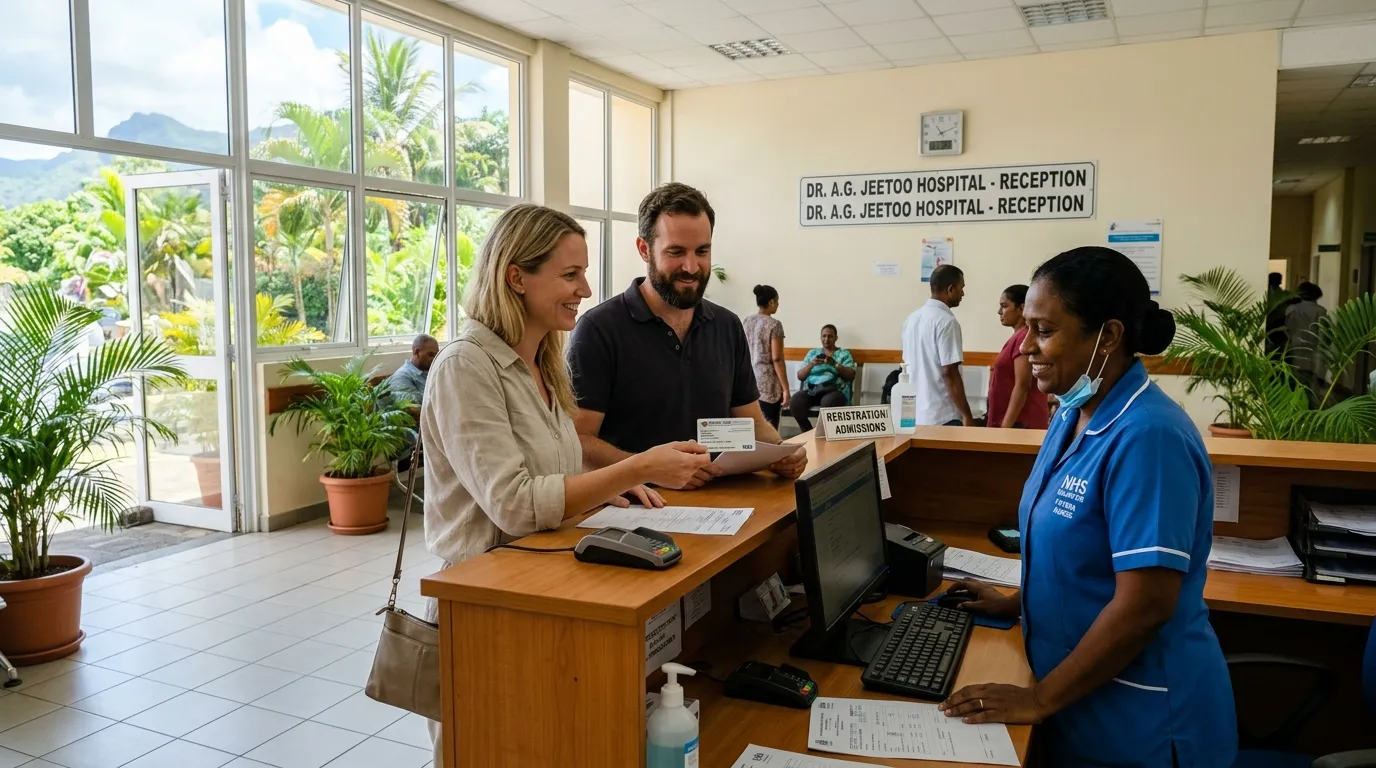 Health system in Mauritius hospitals clinics insurance for expatriates: expatriate couple at the reception of a hospital, consulting a nurse, insurance card visible, tropical atmosphere in the background.
