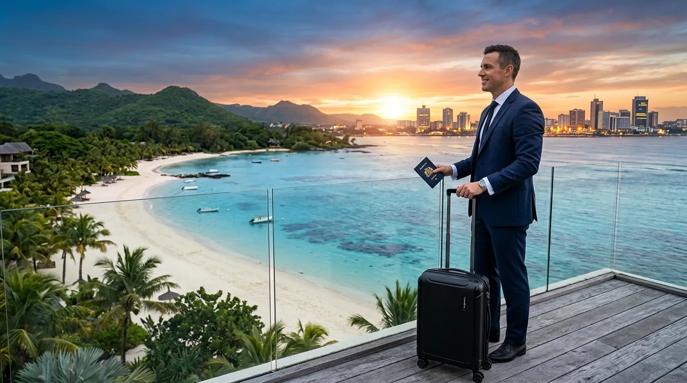 Tax expatriation 2026 the most advantageous destinations including Mauritius: business traveler with suitcase and passport facing a Mauritian beach, modern skyline in the distance, sunrise.