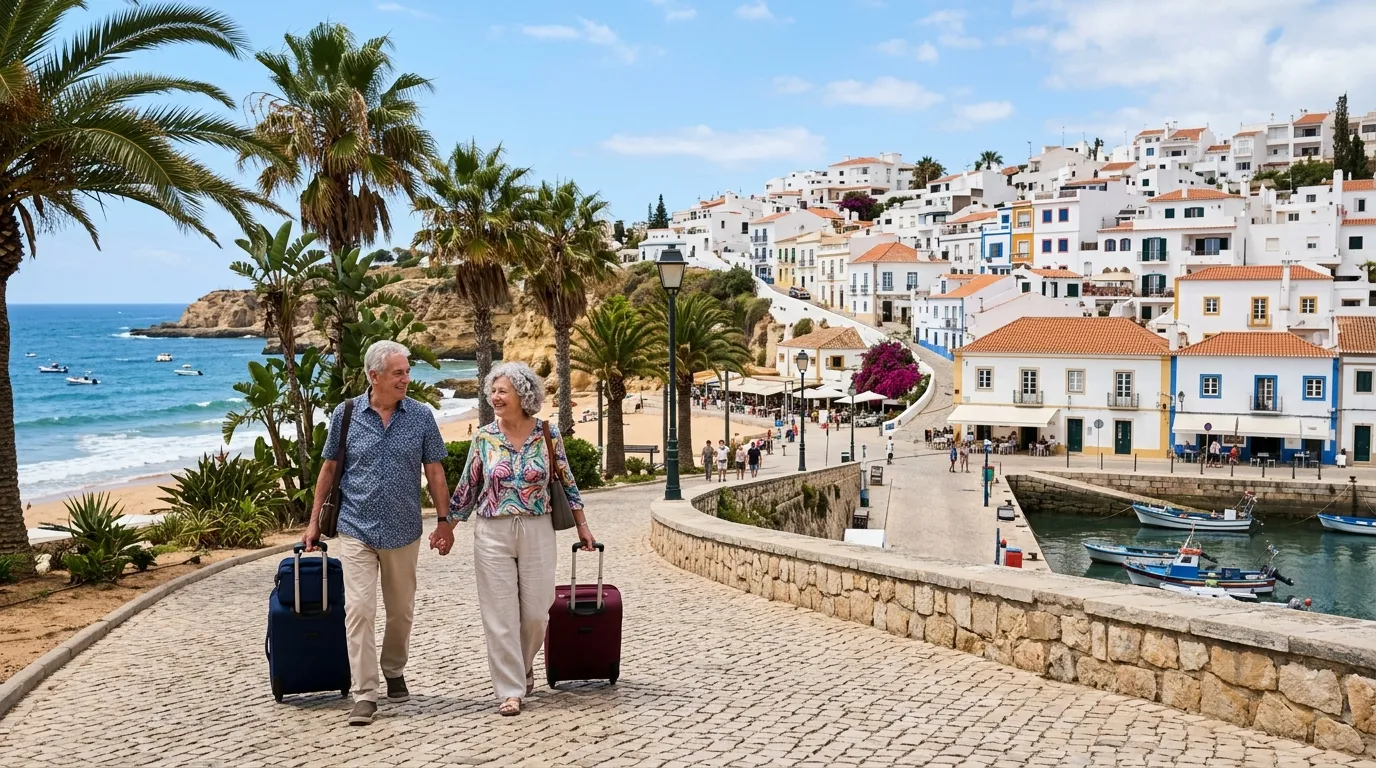 Retired couple with two suitcases, palm trees on the beach on the left and a Portuguese coastal village on the right, comparing Mauritius vs Portugal where to emigrate for retirement.