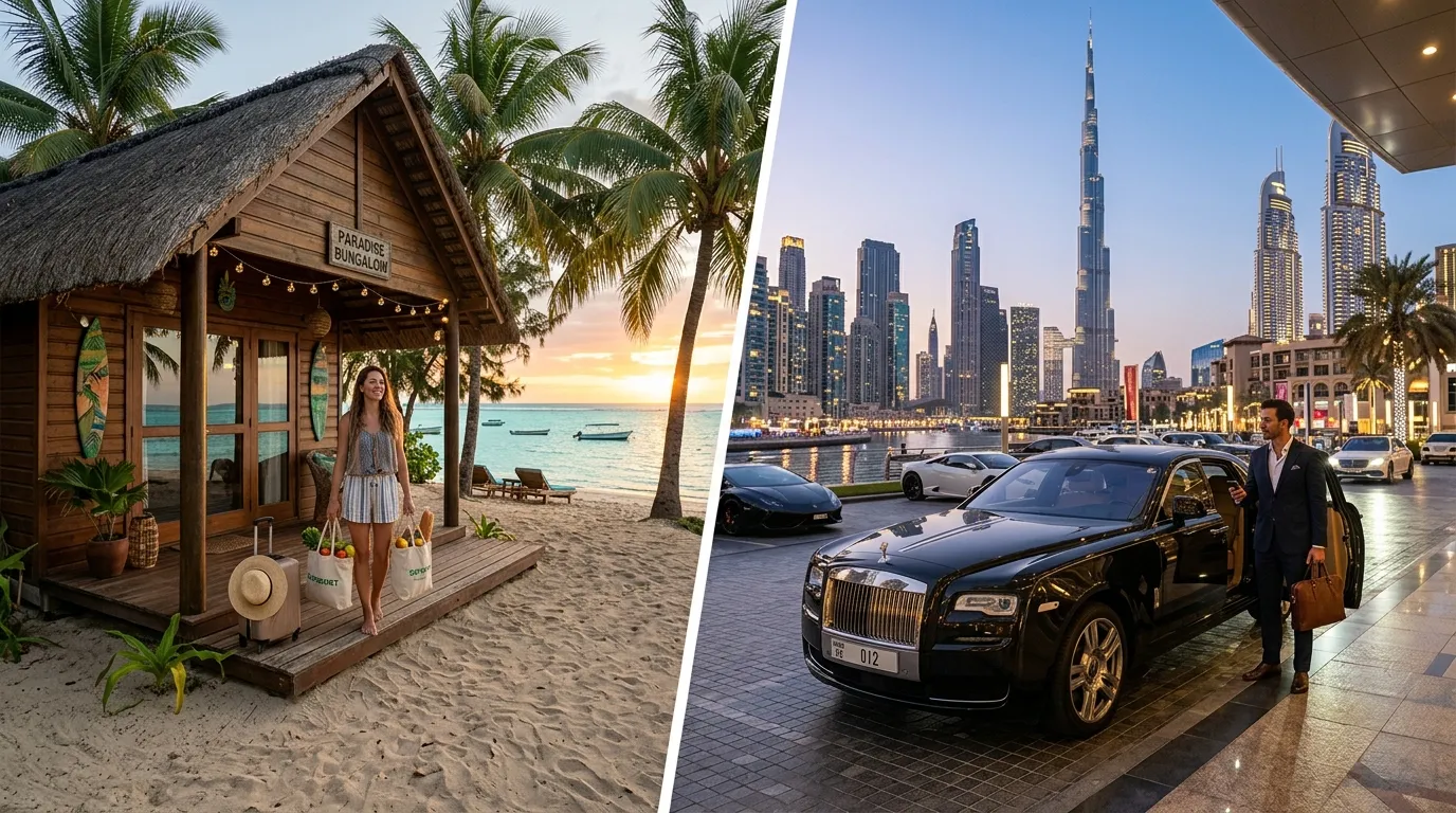 Mauritius vs Dubai comparison taxation cost of living quality of life: beach bungalow in Mauritius with groceries, and Dubai skyline with luxury car and briefcase.