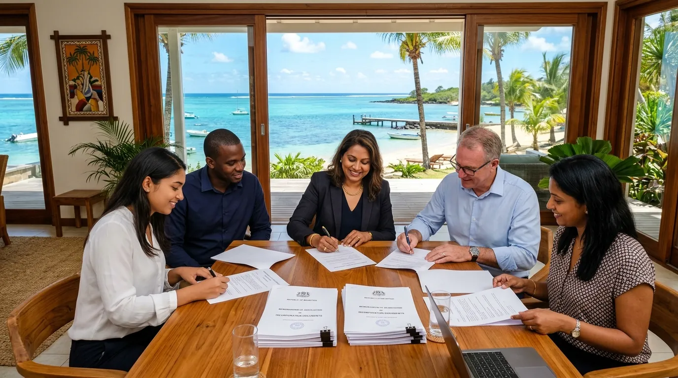 Businesspeople signant des documents de création d’entreprise dans un bureau en bord de mer à l’île Maurice, soleil tropical — Créer une société à l'île Maurice statuts démarches coûts.