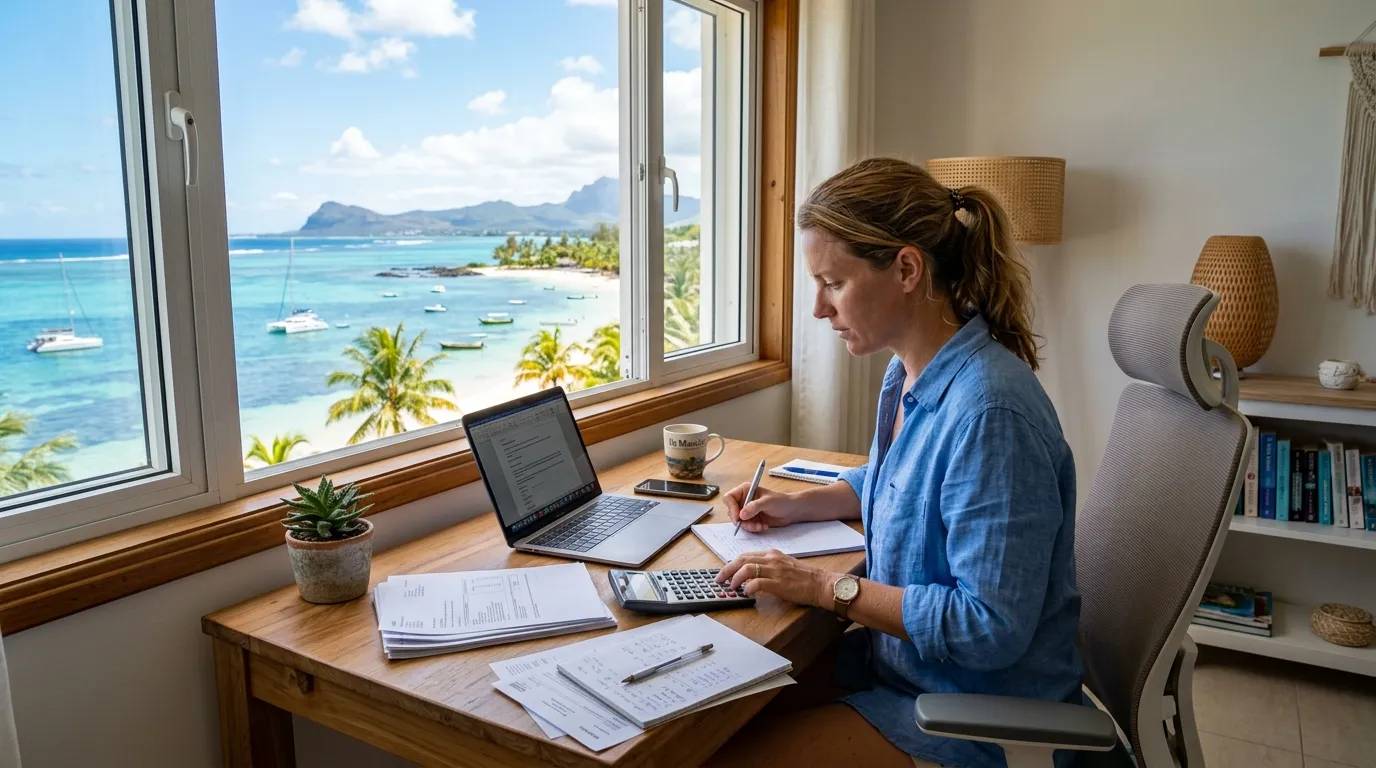 Expat working from a beachfront apartment office in Mauritius, calculator and tax documents, lagoon view — Taxation in Mauritius, flat tax, what an expat really pays