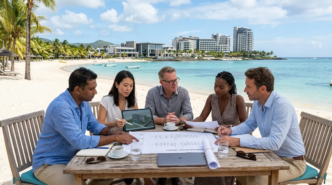 Investing in Mauritius PDS real estate company formation: professionals examine real estate plans on a table by the sea in Mauritius, with modern buildings in the background.