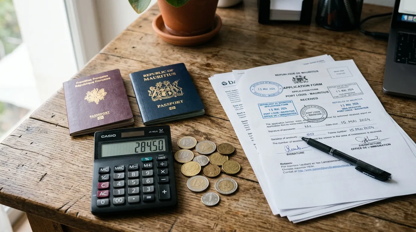 Photo naturelle de passeports français et mauricien, calculatrice, pièces et documents tamponnés sur un bureau – Convention fiscale France-Maurice ce qu'il faut savoir pour éviter la double imposition