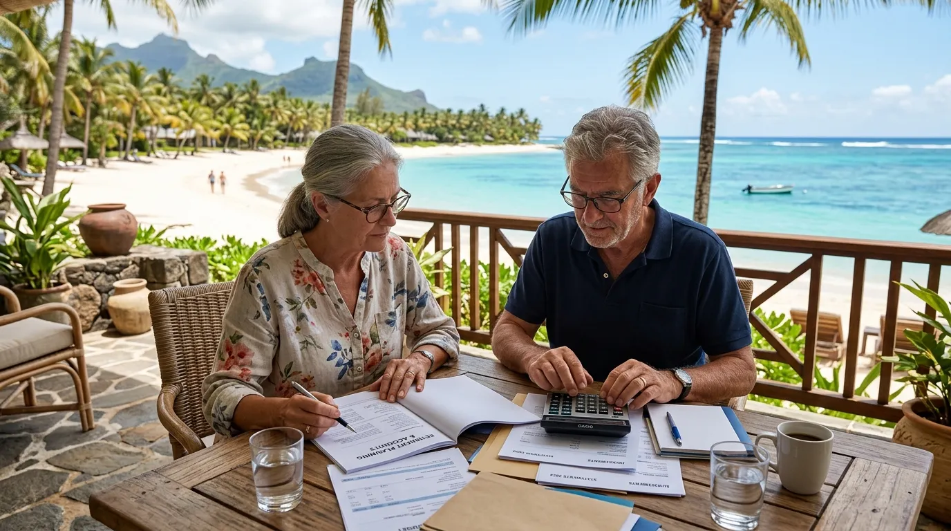 Senior couple on a terrace in Mauritius, examining documents with a calculator, beach and palm trees in the background — Retiring in Mauritius: budgeting and tax procedures.