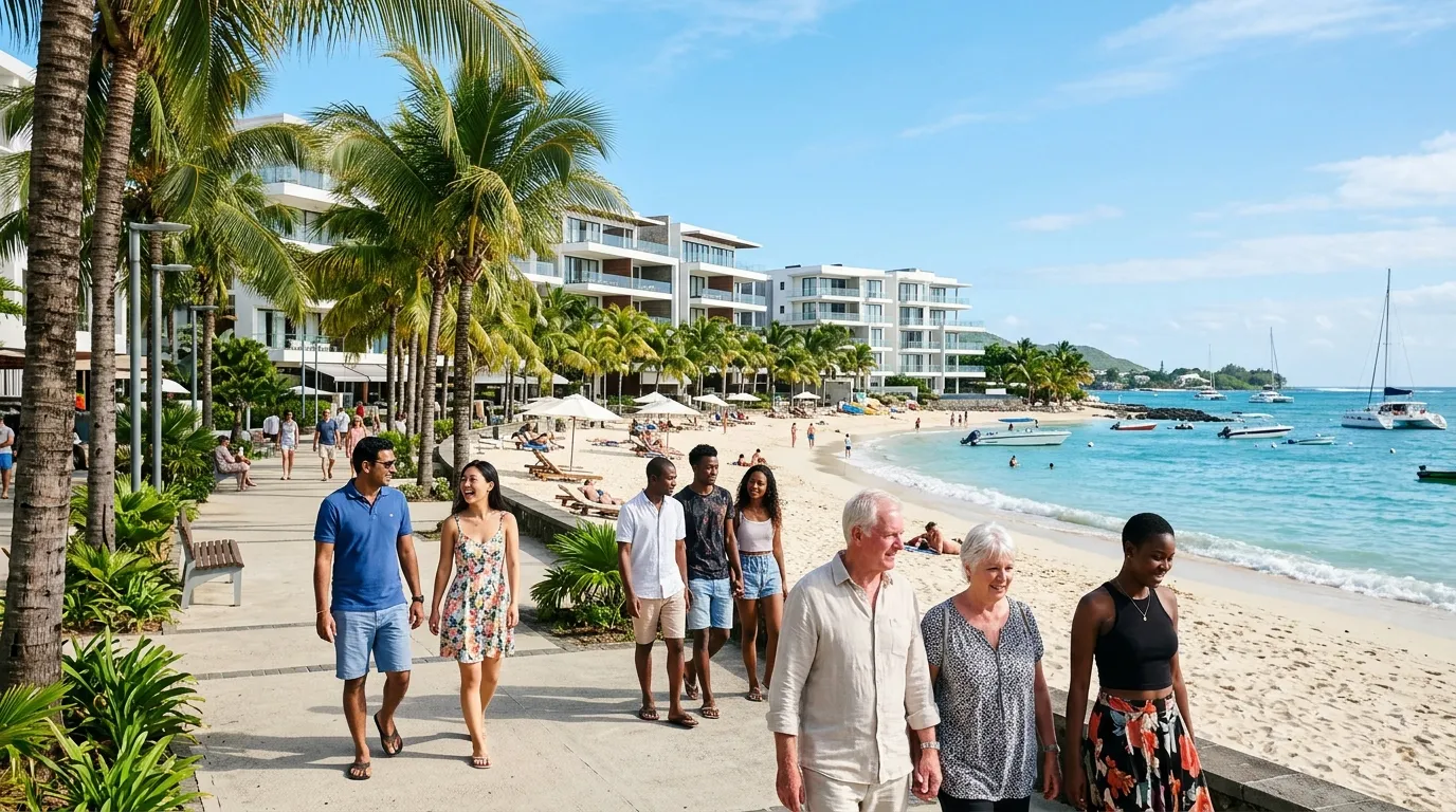 Best country to move to in 2026: why Mauritius stands out: sunny beaches in Mauritius, palm-lined promenades, modern apartments and diverse expats strolling around.