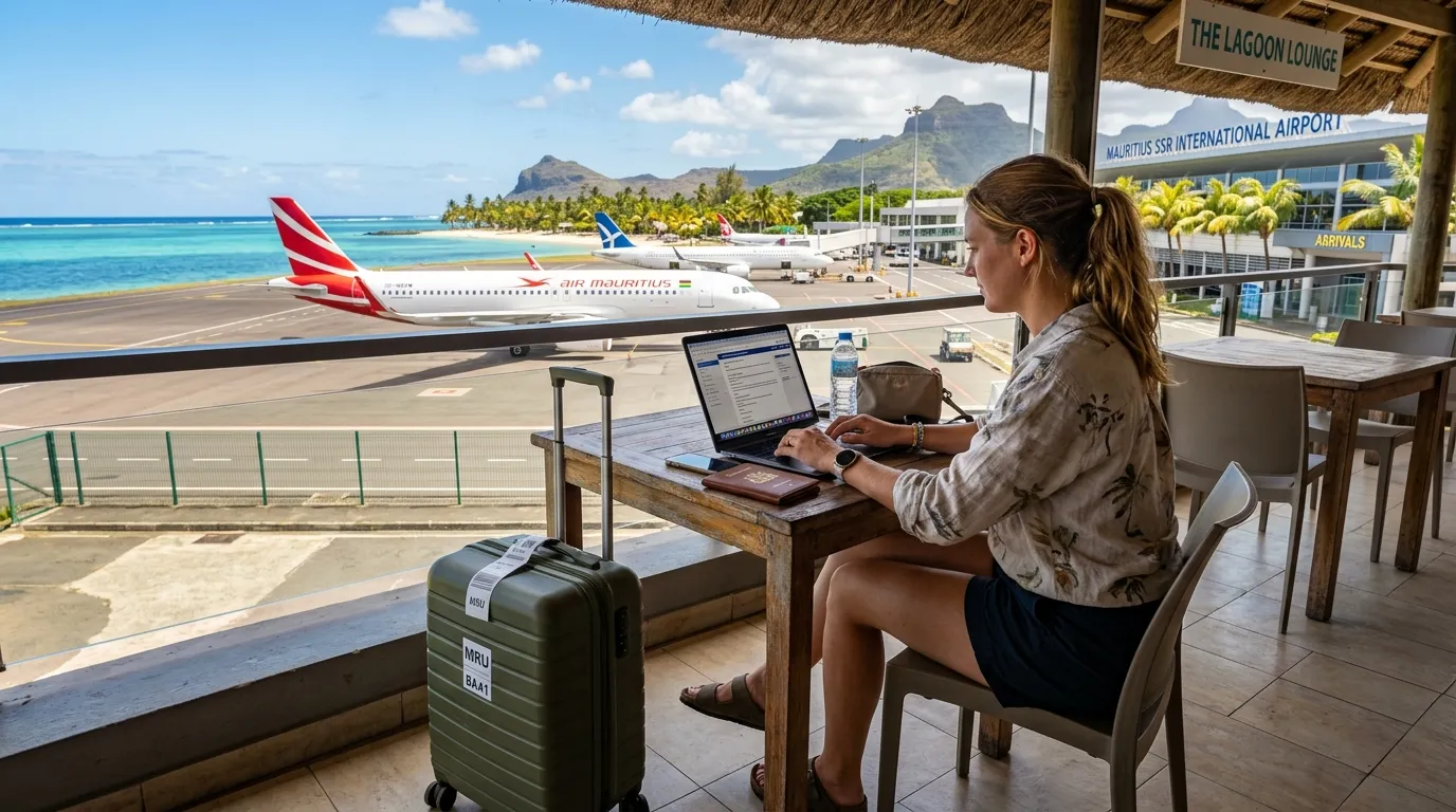 Moving to Mauritius in 2026: The Complete Step-by-Step Guide: Person with suitcase and passport at the airport, beachside in Mauritius, consulting a laptop under a tropical sun.