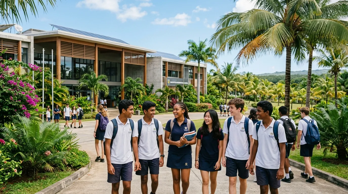 Natural photo of diverse students in front of a modern school campus in Mauritius, palm trees and tropical atmosphere — French and international schools in Mauritius options and tuition fees.