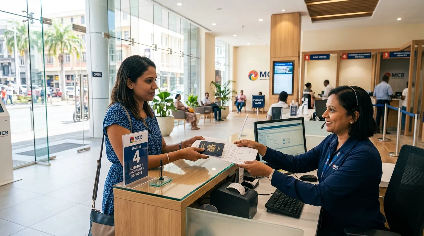Opening a bank account in Mauritius: banking procedures and pitfalls to avoid: person handing passport and documents to an advisor at the counter in the lobby of a bank, natural light.