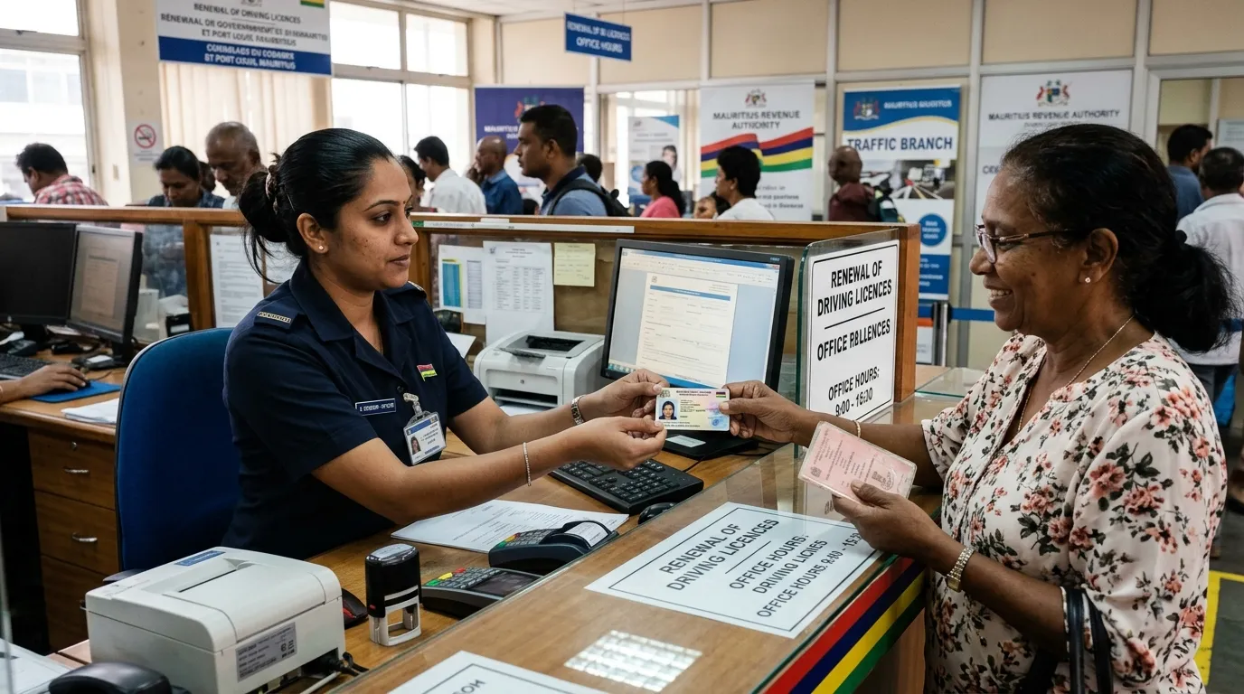 Natural photo of a person at a government service counter in Mauritius exchanging their driving licence, illustrating "Driving licence in Mauritius obtaining exchange driving on site".