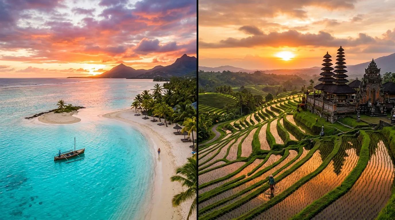 Split-screen at sunset: turquoise lagoon in Mauritius (left) and rice paddies with temple in Bali (right) — Mauritius vs Bali comparison for digital nomads and expats.