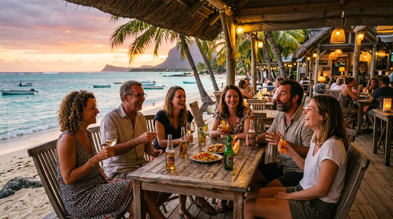 Communauté française à l'île Maurice associations groupes lieux de rencontre : expatriés français socialisant dans un café en bord de plage à l’île Maurice au coucher du soleil.