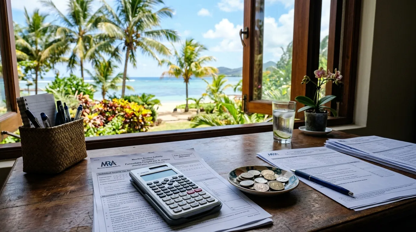 Tropical desk with Mauritian coins, calculator and tax forms near a palm-leaf window.