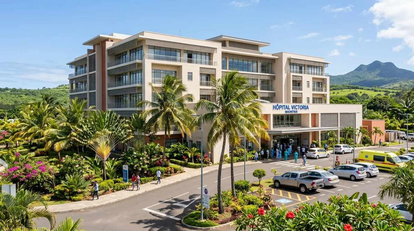 Modern hospital facade in Mauritius, palm trees, tropical light, natural photo style.