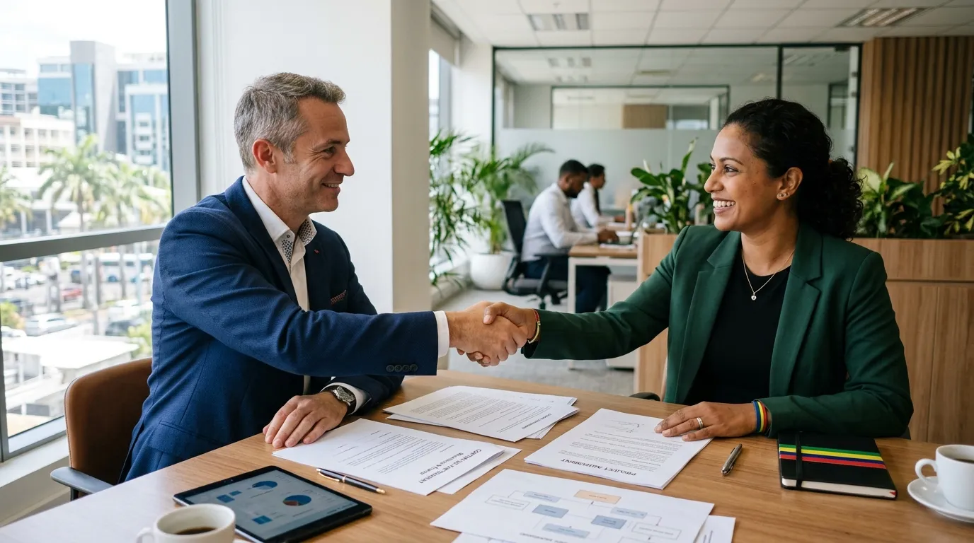 French and Mauritian businessmen shaking hands over tax documents in an office.