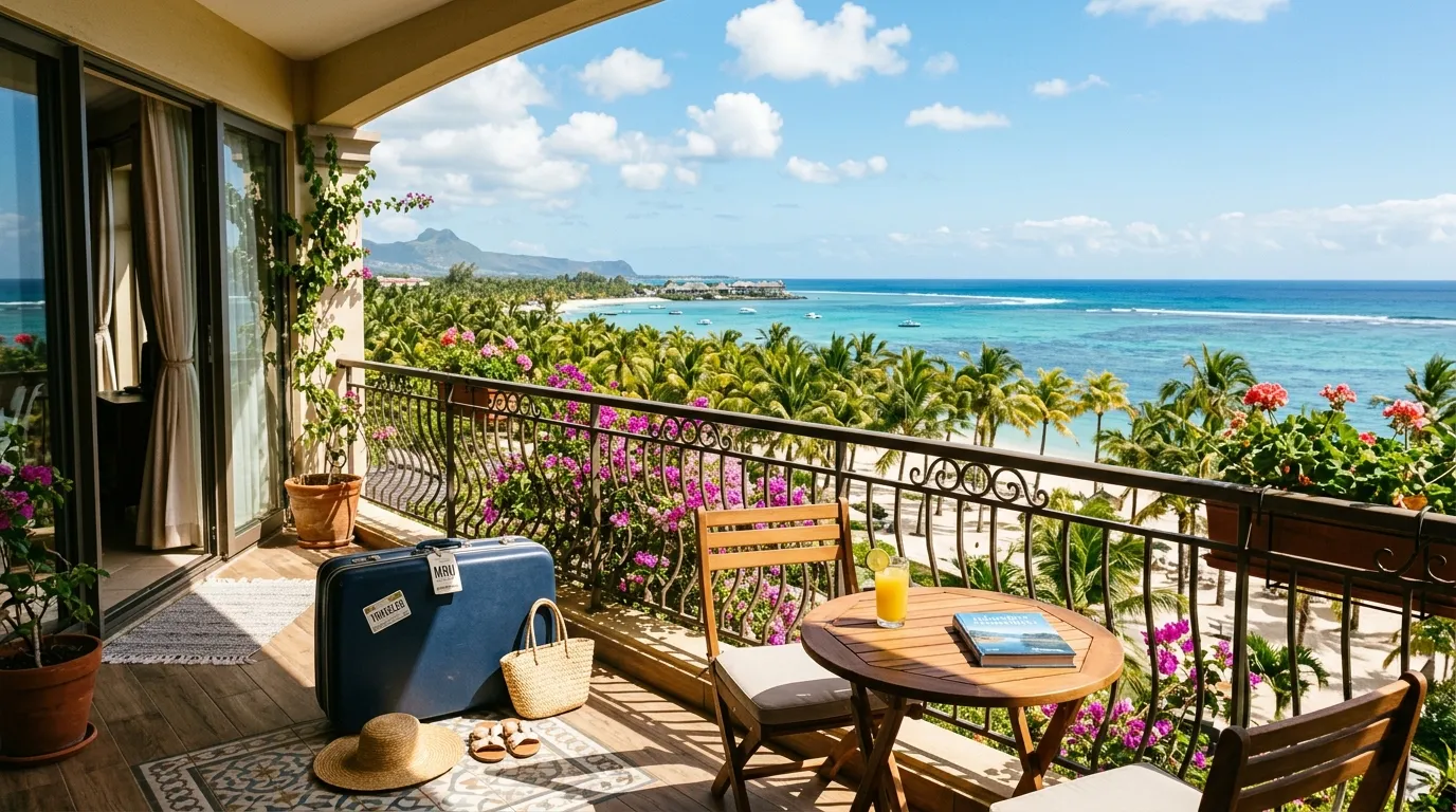 Sunny Mauritian apartment balcony, palm tree and ocean view, expat suitcase.