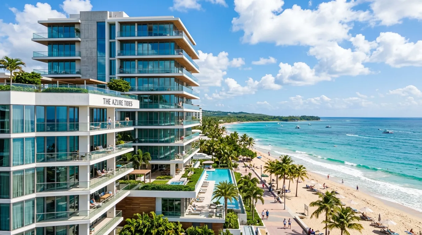 Modern apartment building on the edge of a tropical coast, under a bright sun.