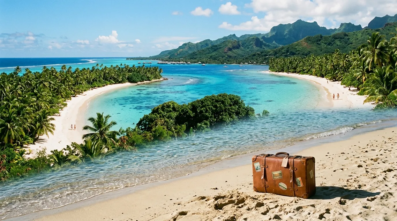 Two tropical beaches lined with palm trees, with a small suitcase on the sand.