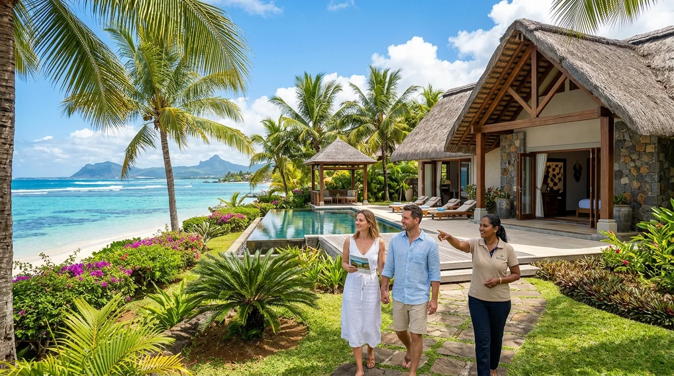 Tropical villa in Mauritius, palm trees, couple visiting a property.
