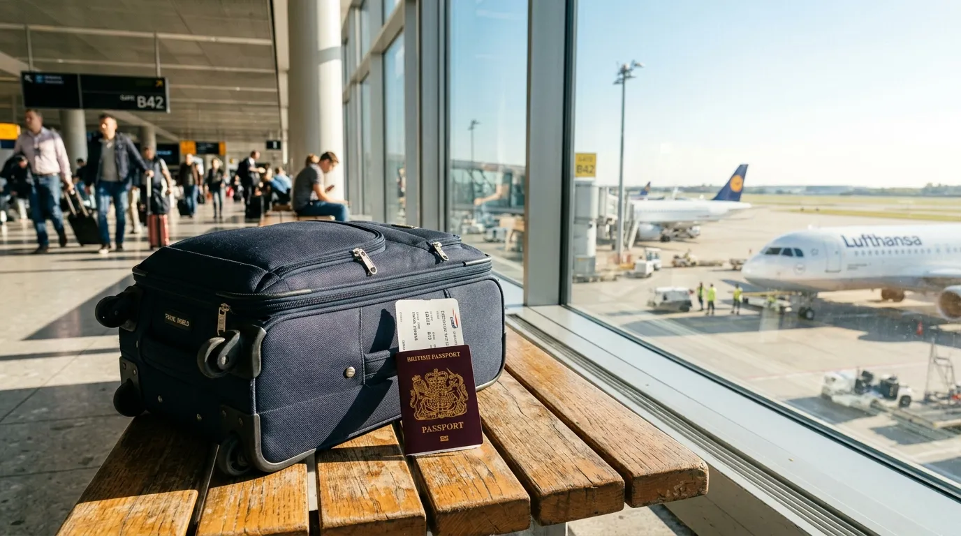 Suitcase and passport on a sunny airport bench, natural photo style.