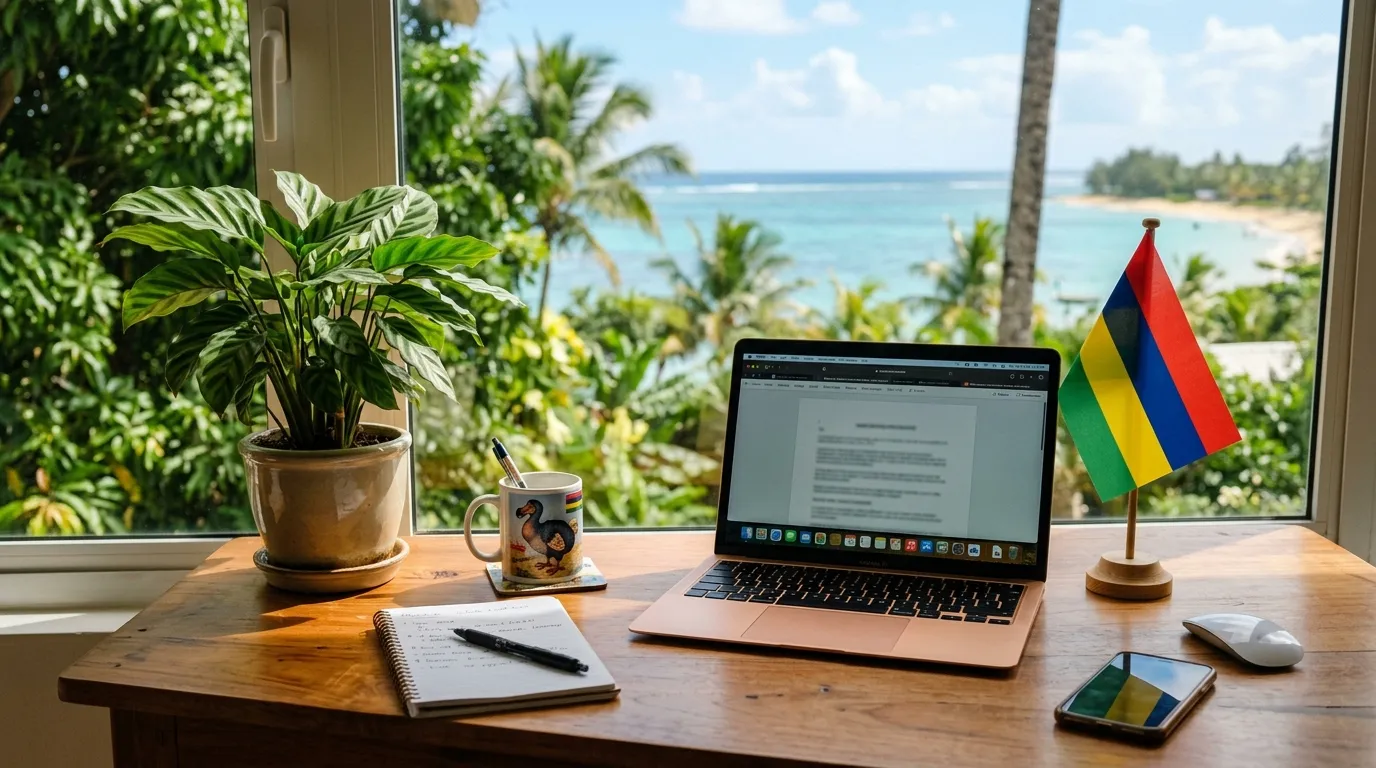Sunny desk with laptop, Mauritian flag and tropical plant.