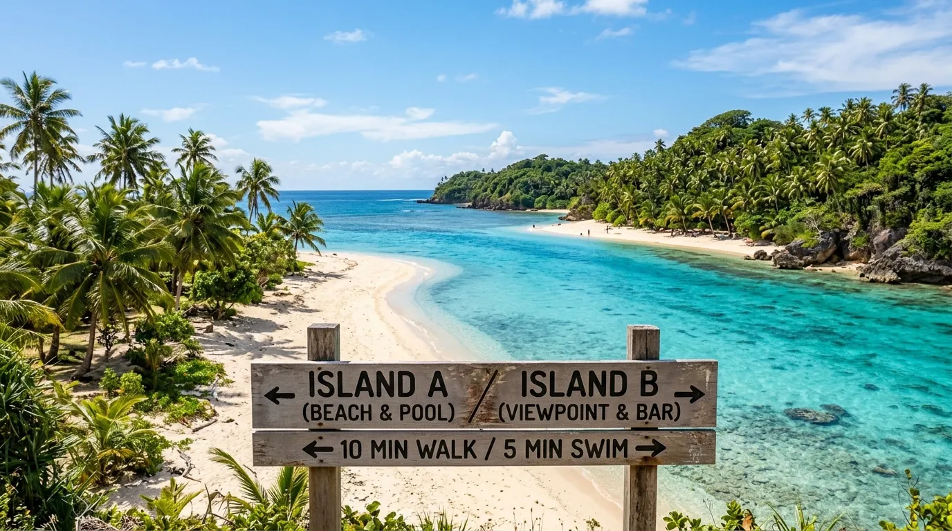 Tropical beach, turquoise water, palm trees and a road sign shared between two islands.