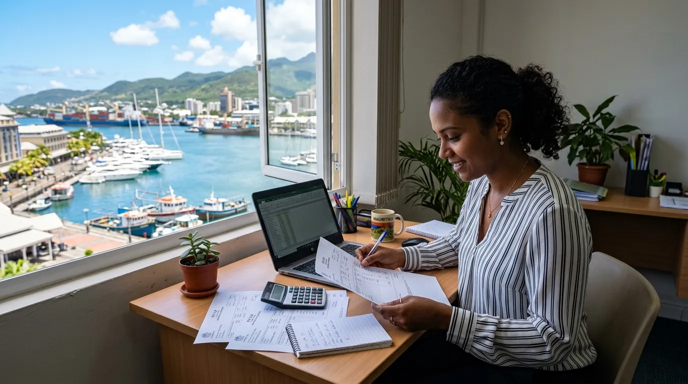Mauritian employee consulting payroll slips near a bright tropical port.