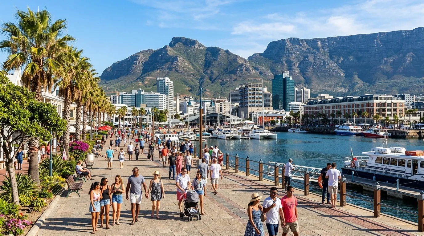 Sunny coastal skyline, palm trees and strollers on a promenade ideal for expatriation.