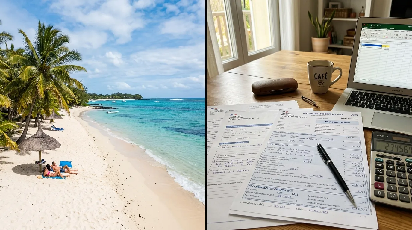 Split-screen showing a beach in Mauritius and French tax documents on a desk.