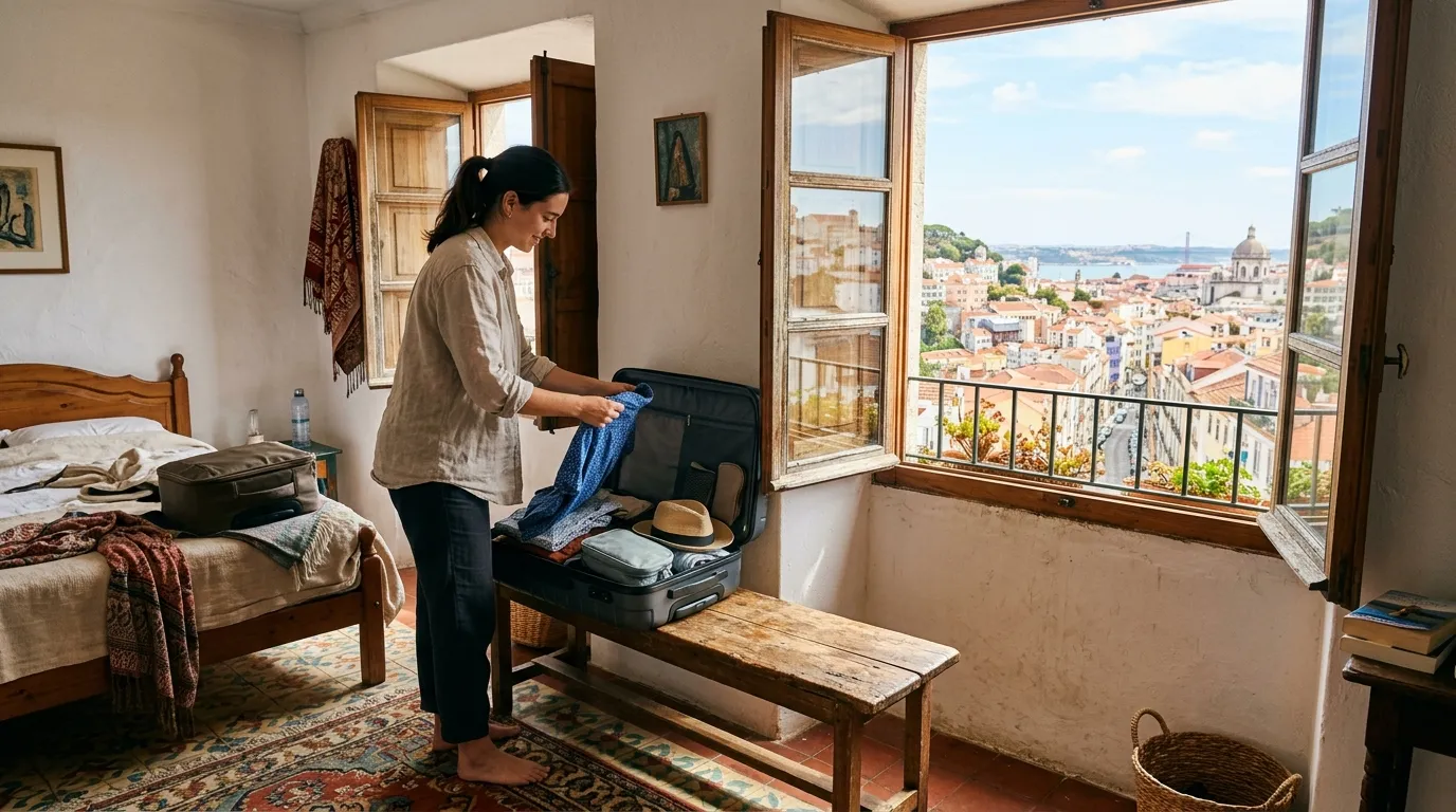 A person packing their suitcase near a window overlooking a foreign city, an expatriate atmosphere.