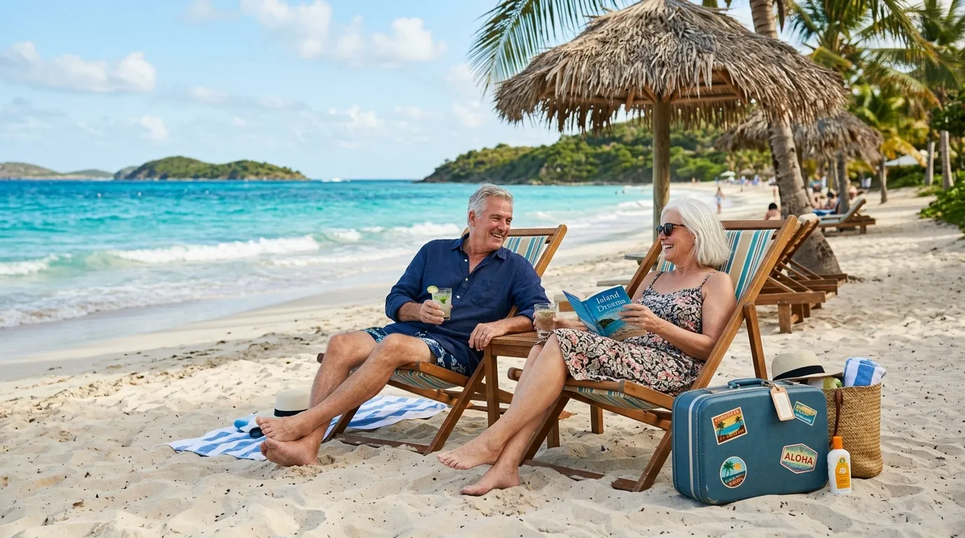 Retired couple on a tropical beach, suitcase beside them, ocean view.