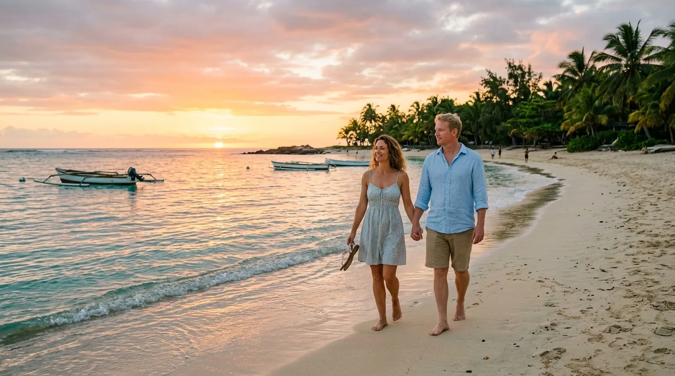 Expat couple walking on a peaceful beach in Mauritius at sunset.